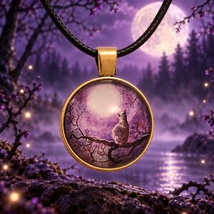 Cat Full Moon Purple Domed Pendant Necklace 18" Black Cord NWOT Animal Jewelry